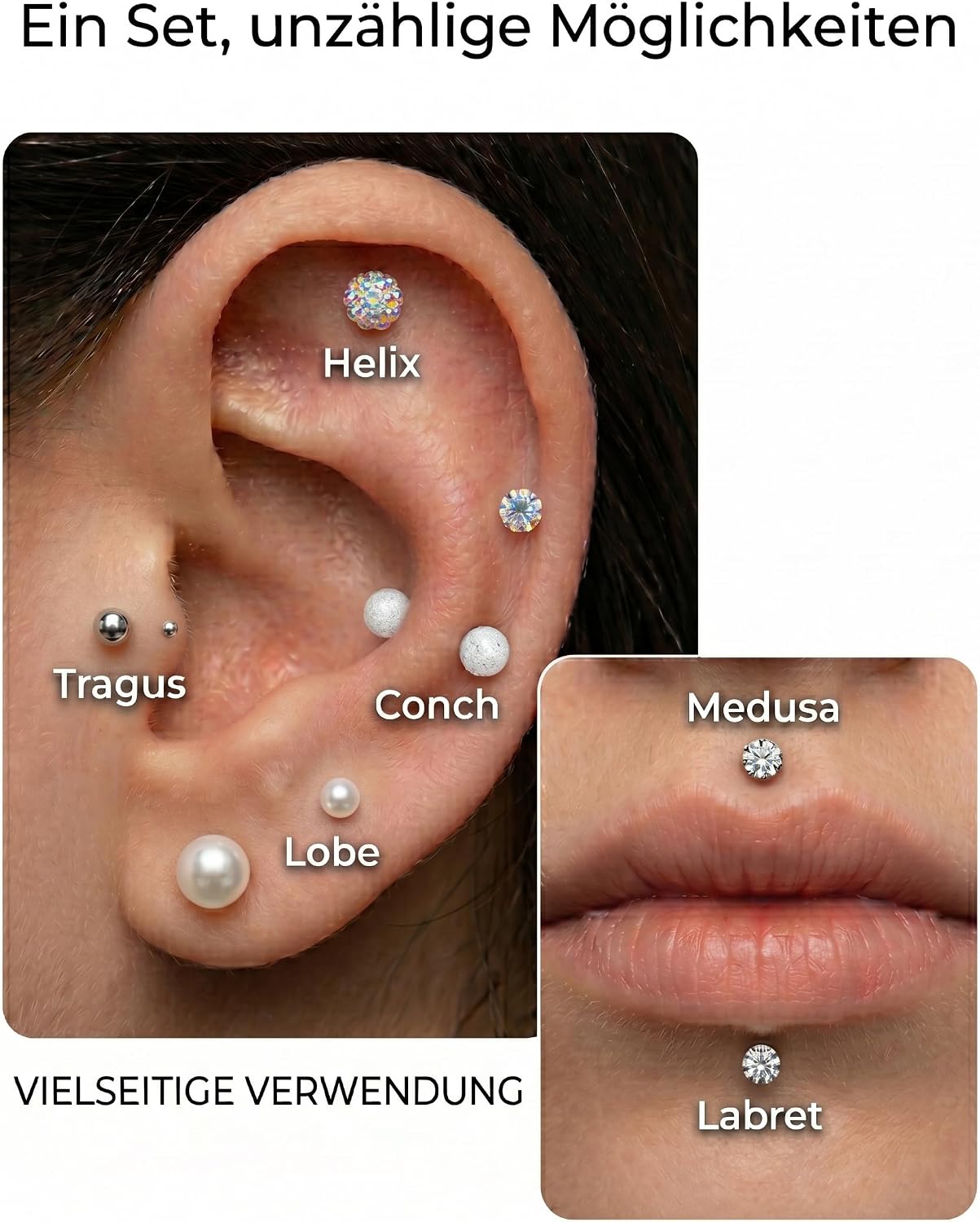 Detalle de CIZME Labret Piercing 16G 1,2 mm Chirurgenstahl Silber Set – 12 Stäbe + 14 Kugeln
