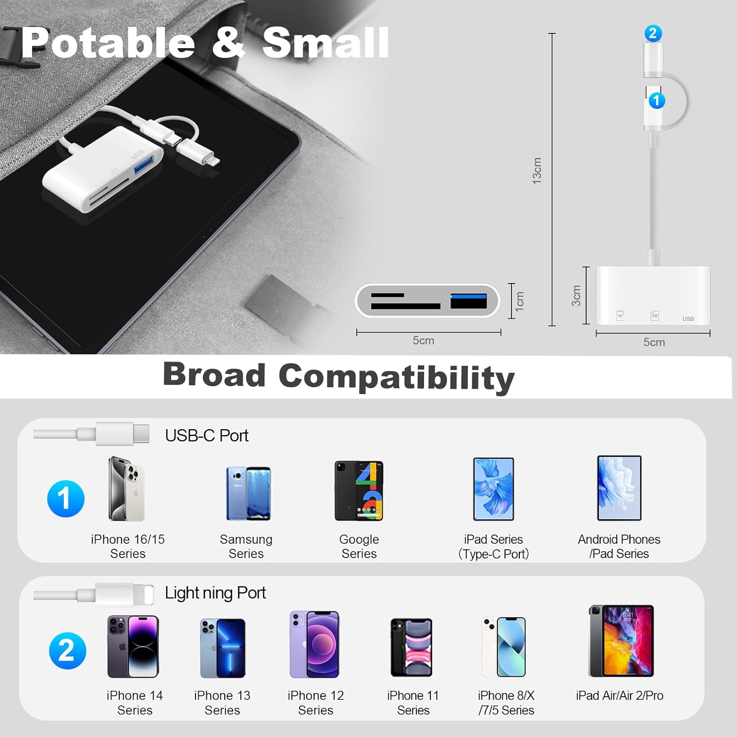 Thumbnail 4 de [Apple MFi Certified] 3-in-1 SD Card Reader for iPhone & USB-C devices — 3 Ports in one compact reader