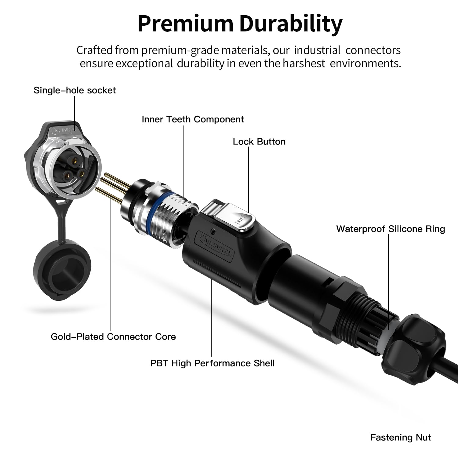 Thumbnail 5 de CNLINKO LP-16 Industrial Waterproof Connector IP68: 3‑pin aviation-style plug and socket