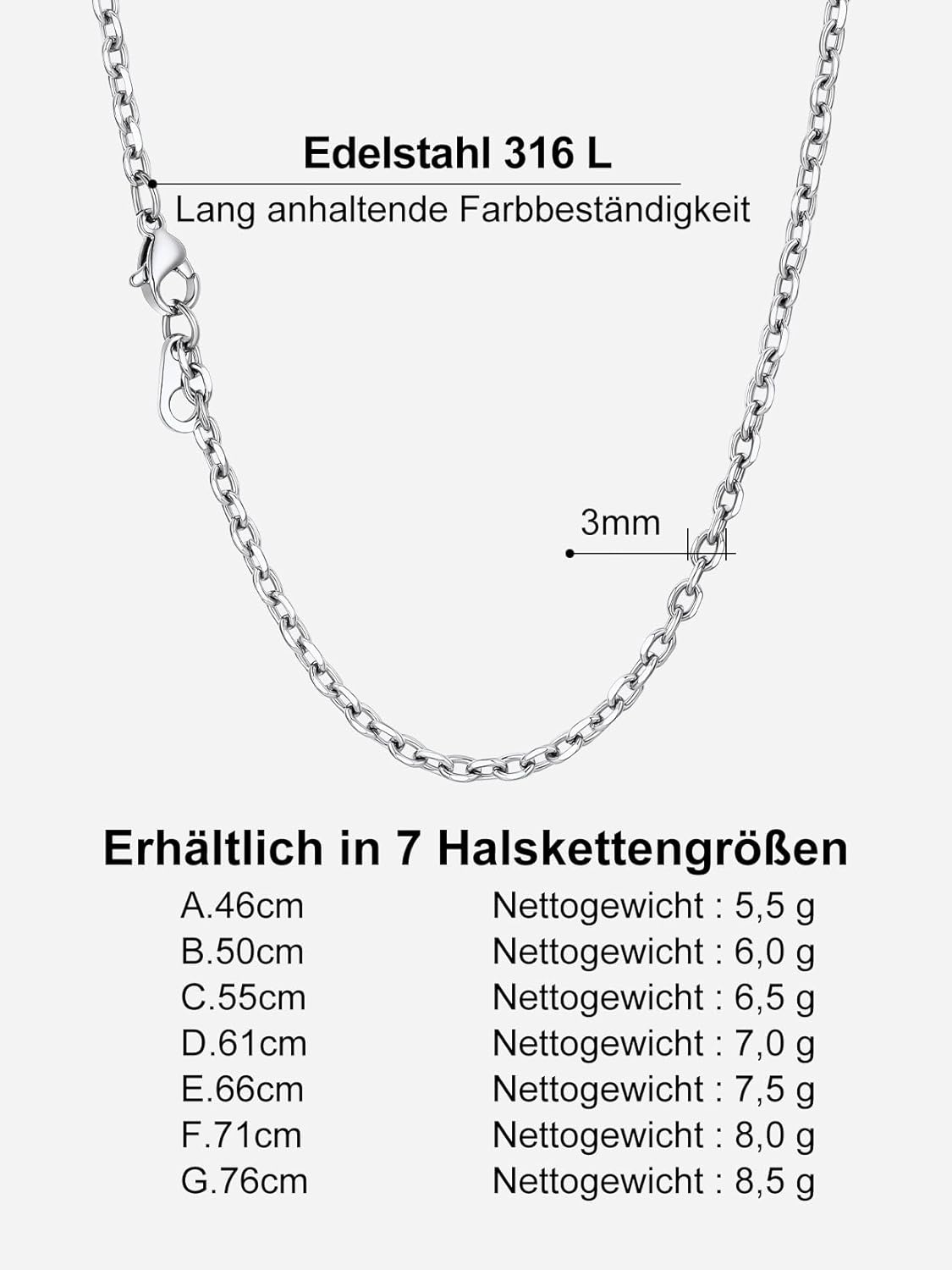 Thumbnail 5 de Richsteel ROLO Halskette Edelstahl – Breite 3/5/7/9/12 mm, Länge 46–76 cm, Silber/Schwarz/Gold
