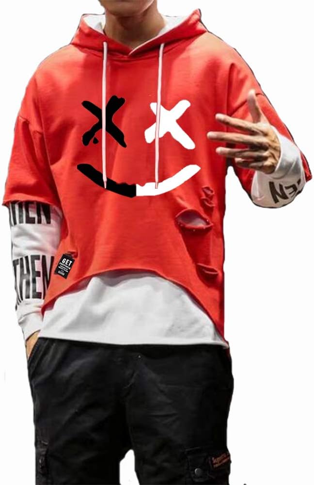 Detalle de Hello MrLin Herren Techwear Hoodie Patchwork – Streetwear mit 3D-Drucklogo
