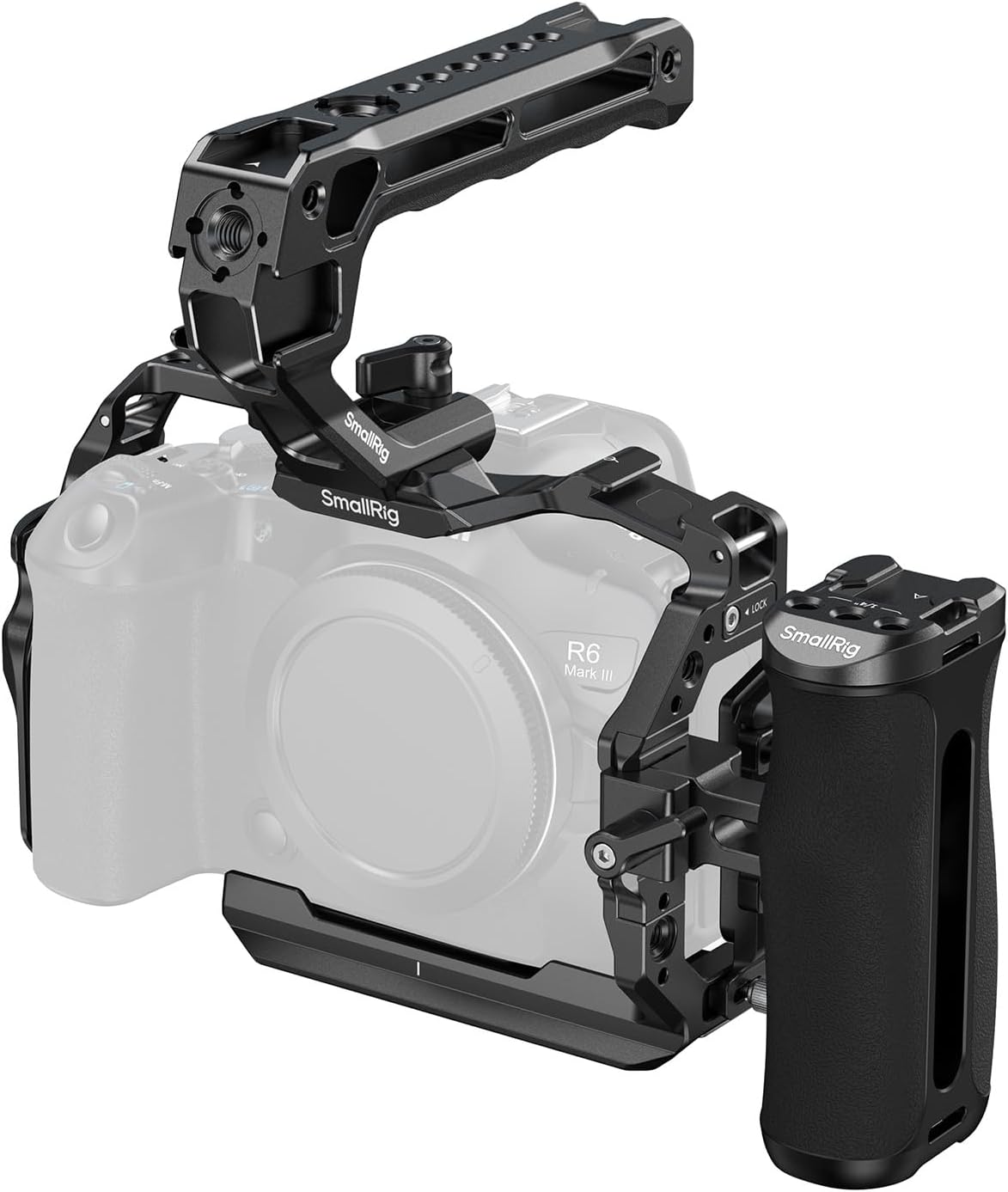 Detalle de SMALLRIG 5956 cagekit voor Canon EOS R6 Mark II met handgrepen en Arca-plaat