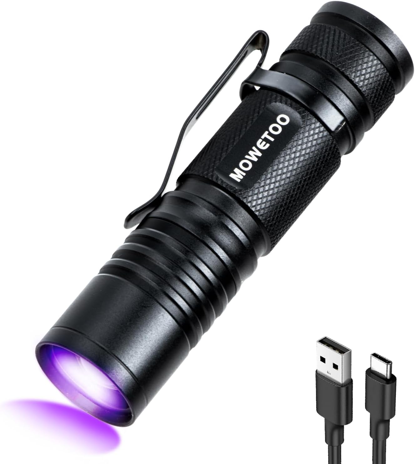 Detalle de MOWETOO UV Torch Rechargeable – Mini LED UV Lamp with 395nm Zoomable Beam