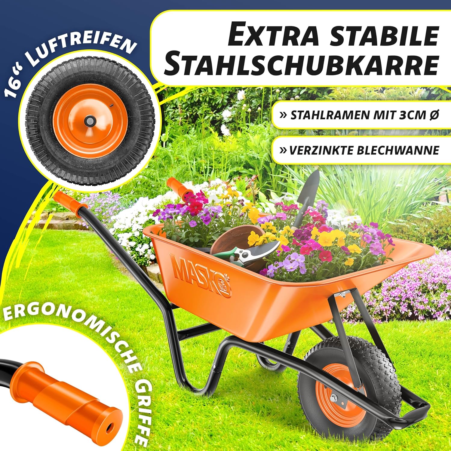 Thumbnail 2 de MASKO Schubkarre / Bauschubkarre 100 Liter (bis 250 kg) mit Luftreifen & Stahlfelge inkl. Ersatzschlauch