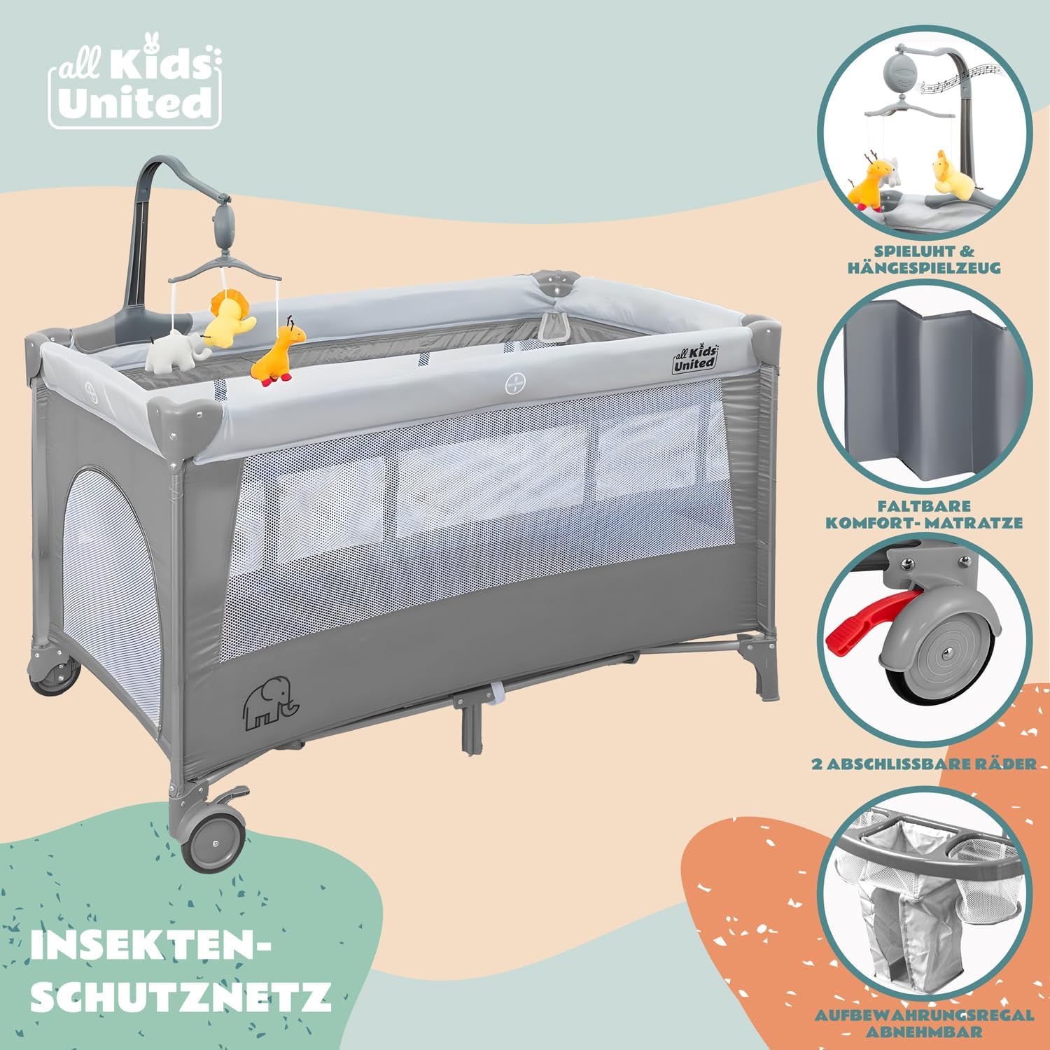 Thumbnail 3 de Voyage pour bébé Deluxe all Kids United Lit de voyage avec matelas à langer et mobile électronique (gris)