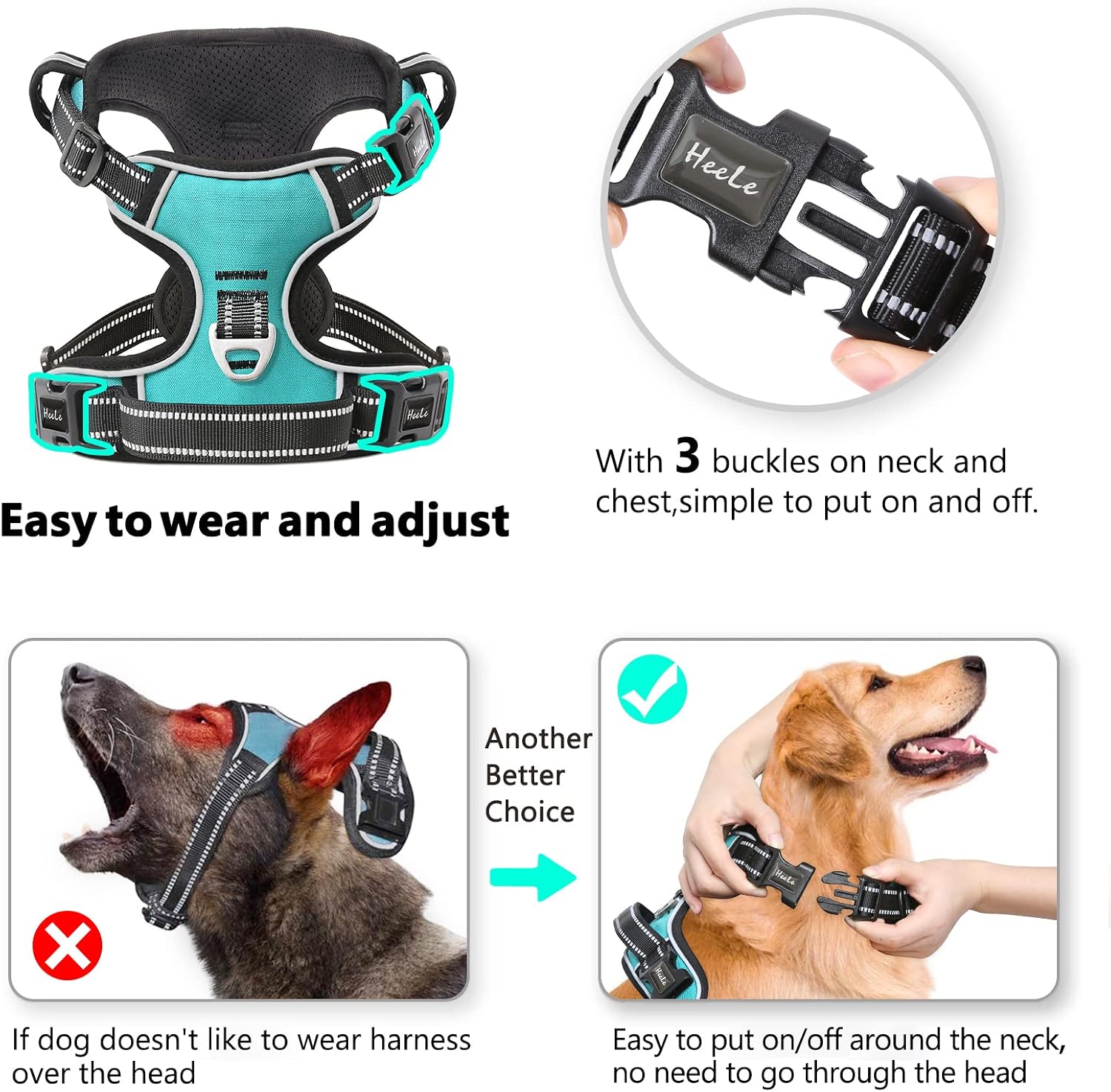 Thumbnail 4 de HEELE Hundegeschirr ohne Zug (No-Pull) mit reflektierenden Streifen, Brustgeschirr Türkis – Größe M
