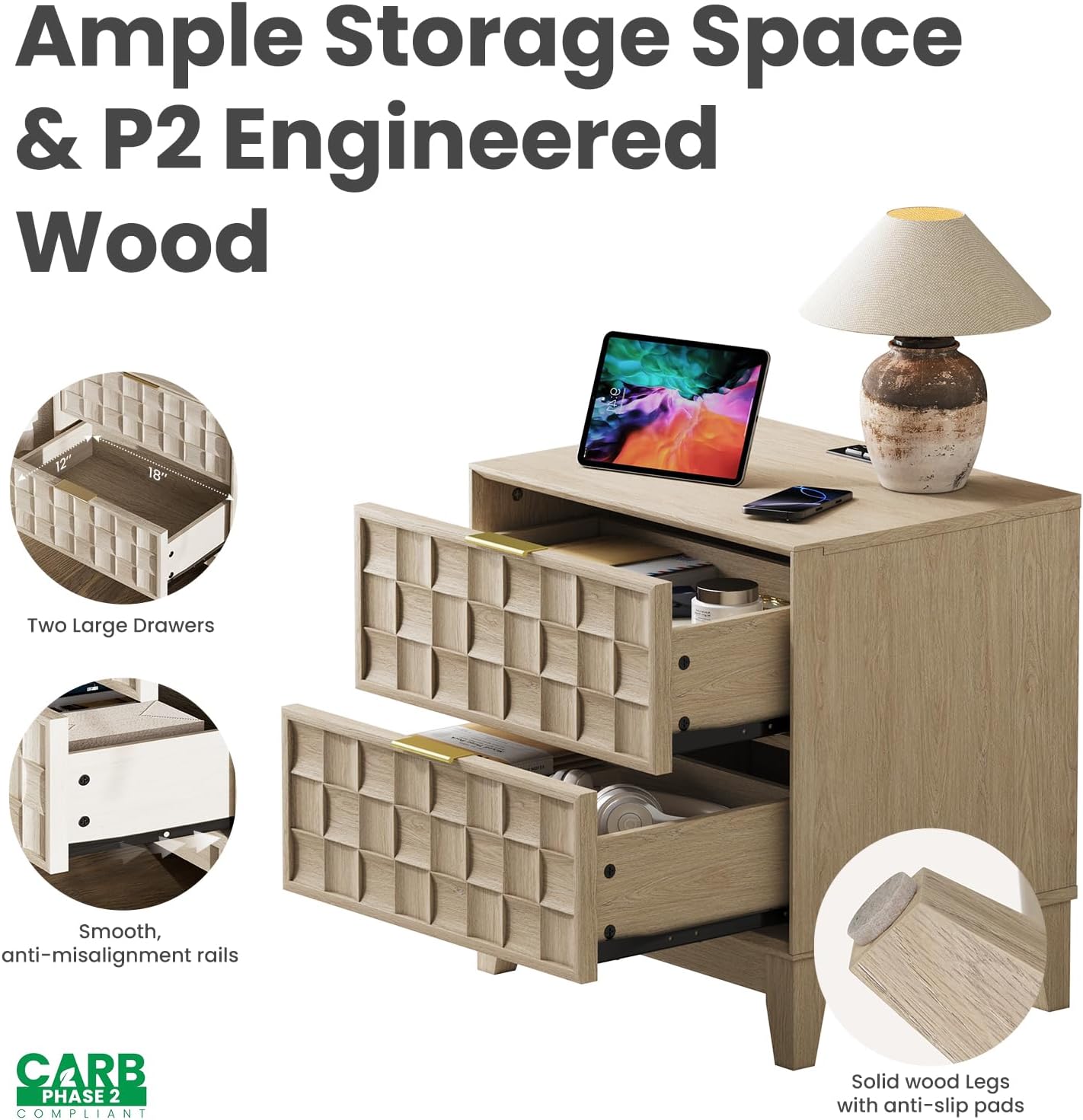 Detalle 2 de COLAMY Nightstand with Charging Station