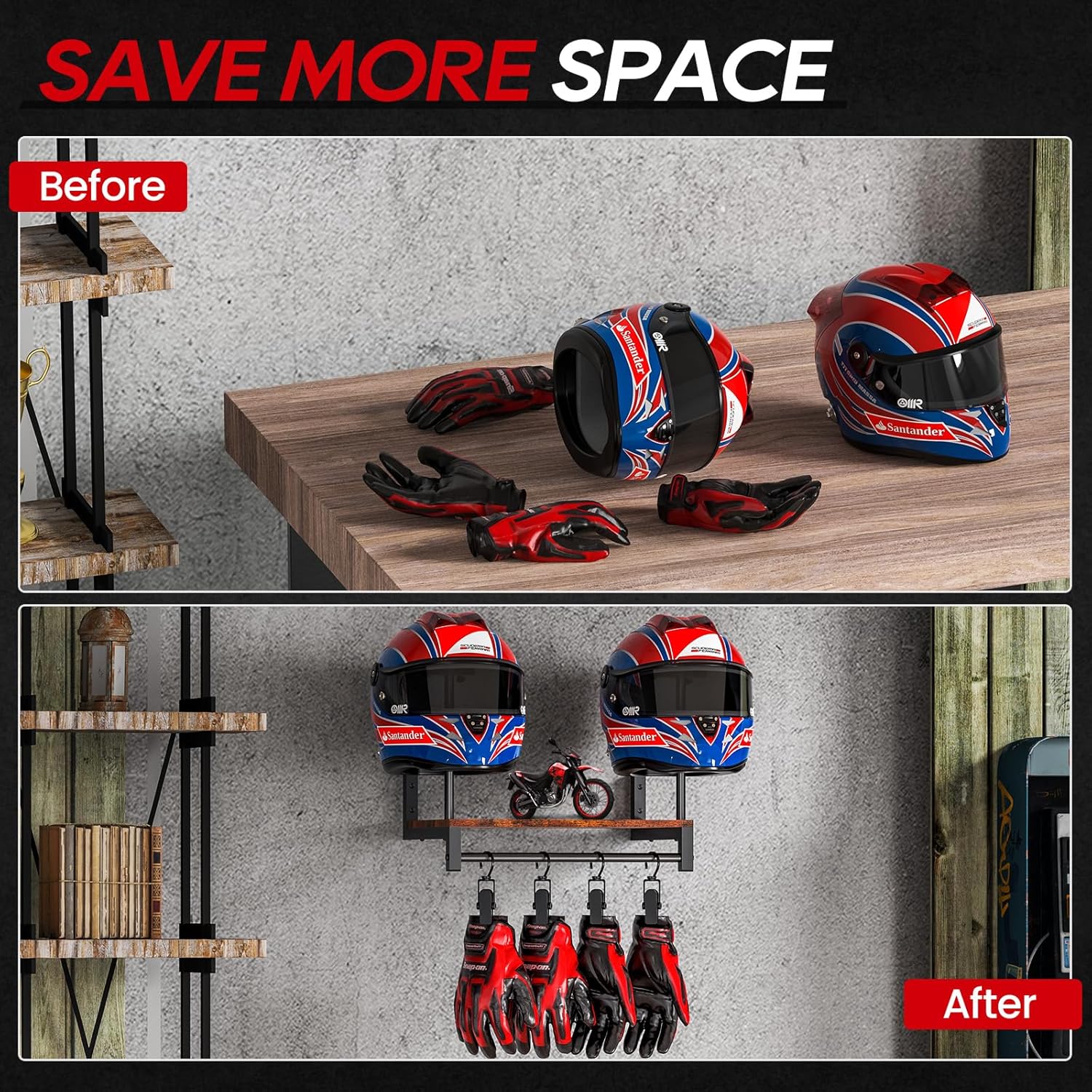 Detalle de THYGIFTREE Helmhalter Wandhalterung für Motorradhelme – Wand-Display mit Organizer