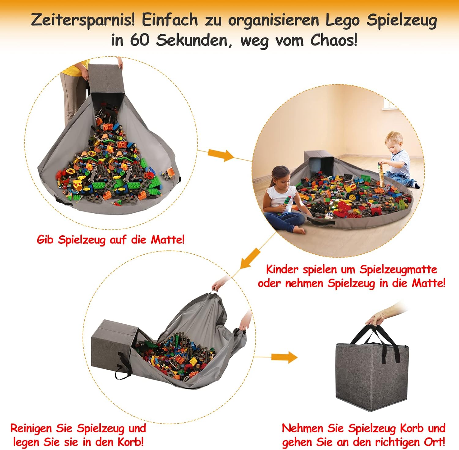 Detalle de Spielzeug Tasche für Lego Spielmatte – Duplo Aufbewahrung mit Deckel, Grau, 13x13x13 Zoll