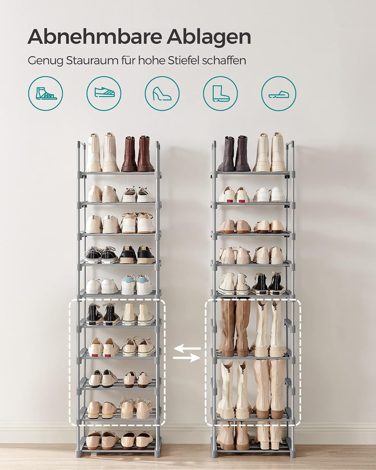 Detalle de SONGMICS Schuhregal mit 10 Ebenen – platzsparend, verstellbar und robust aus Metall, grau (LSA025G02)