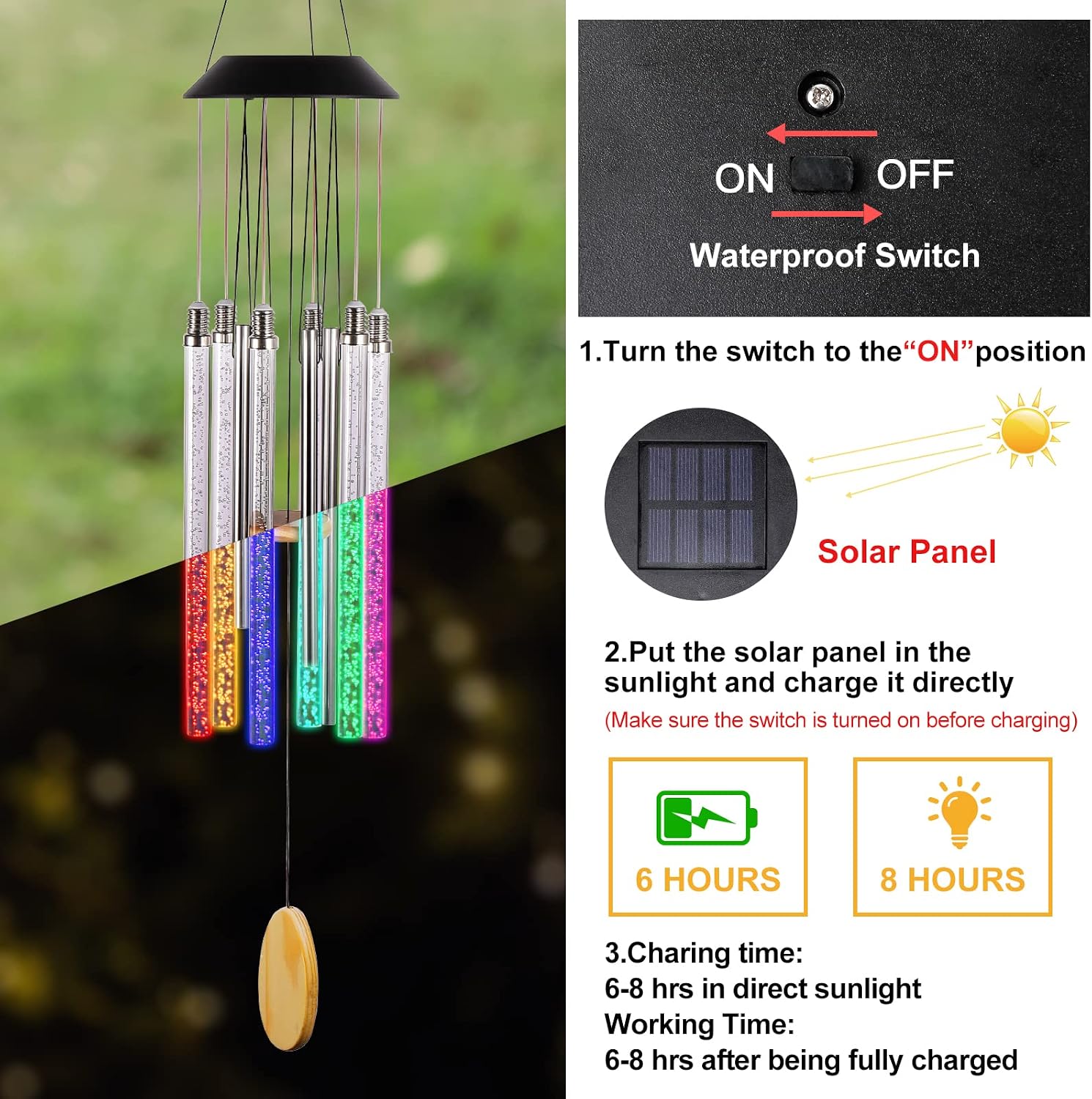 Detalle 1 de DesGully FD-EP-230201-1572 Solar Wind Chime, 37-Inch, 6 LED Bars