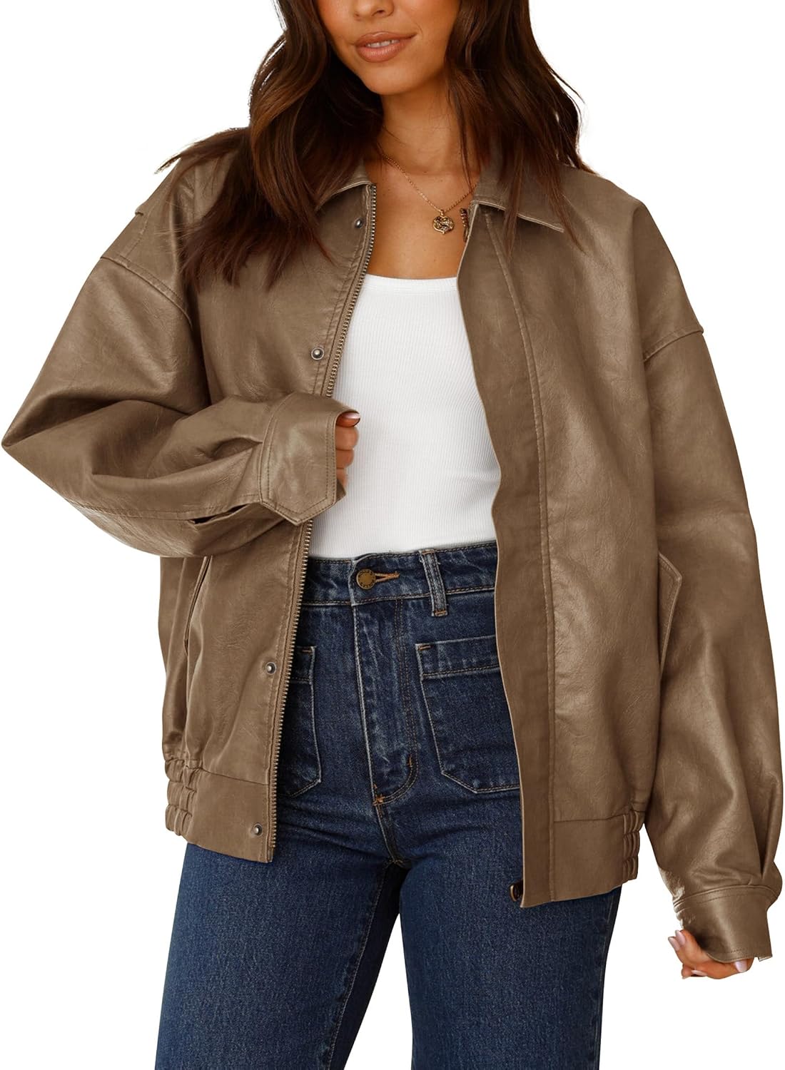 Detalle de PRETTYGARDEN Women's Faux Leather Motorcycle Jacket