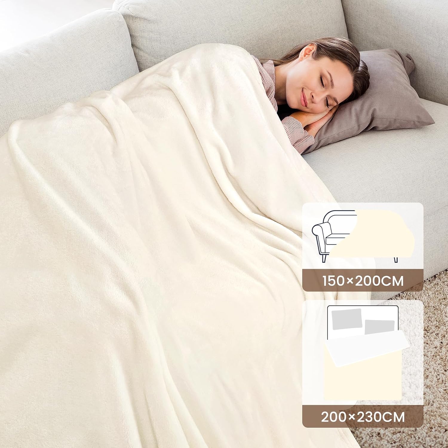 Thumbnail 6 de berssen Plaid couverture polaire / flanelle en microfibre 200x230 cm, jeté de canapé beige et blanc