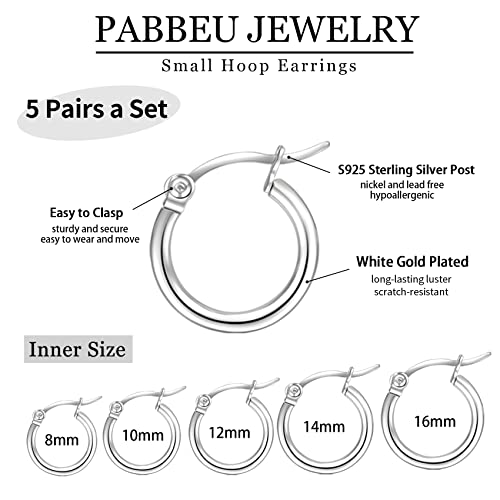 Detalle 2 de PABBEU 5 Pairs Sterling Silver Hoop Earrings – Small Sleeper Hoops (8–16mm)