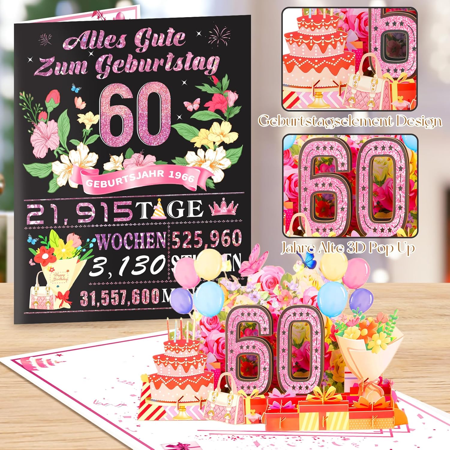 Detalle de OLOSONG 60. Geburtstag Pop-Up Karte – 3D-Luftballon-Geschenk zum 60. Geburtstag