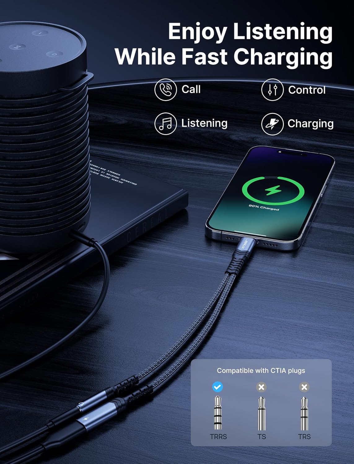 Detalle 2 de JSAUX USB‑C to 3.5mm and 60W PD Charger Adapter (2‑in‑1) – Grey