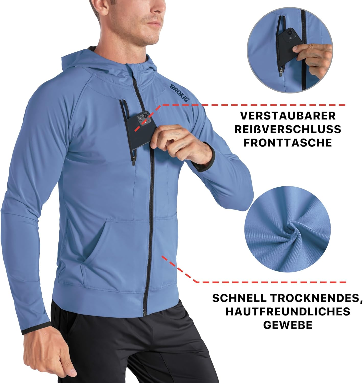 Detalle de BROKIG Leichte Hoodie Herren – schnelltrocknende Laufjacke mit Kapuze und Reißverschluss