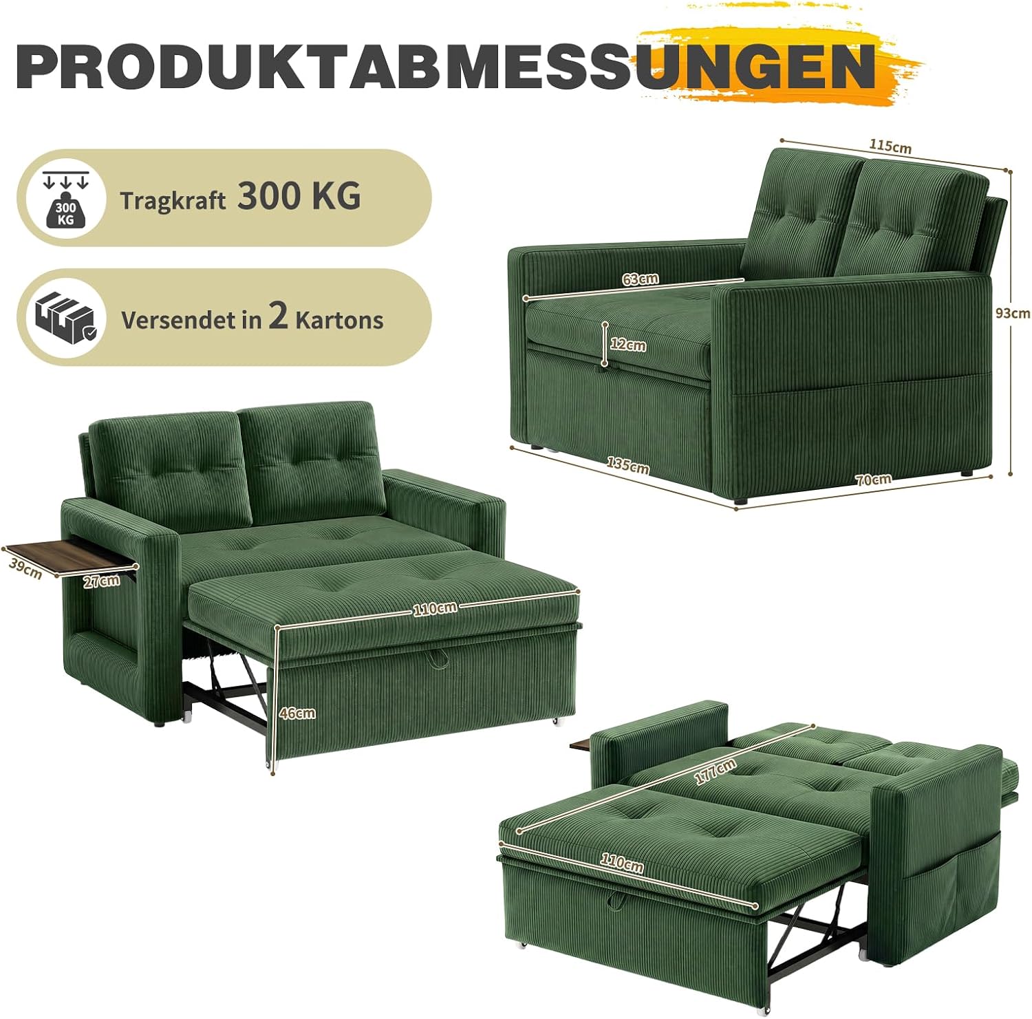 Detalle de YOUDENOVA Divano letto 3-in-1: divano, poltrona e letto con tavolo integrato