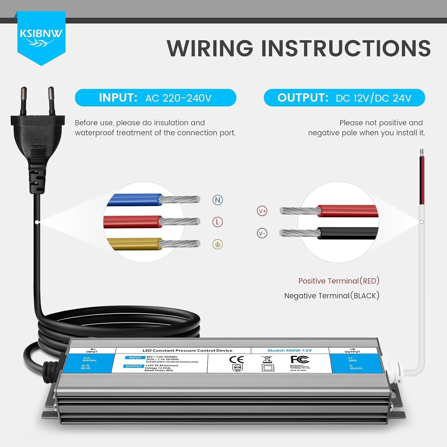 Detalle de KSIBNW Trasformatore LED 12V 36W (IP67) con driver esterno e spina UE, ingresso AC 85–265V