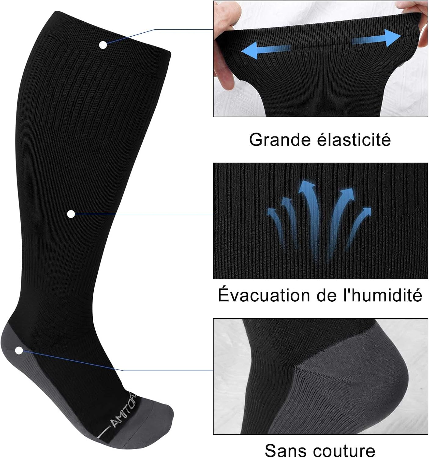 Detalle de PUTUO chaussettes de compression pour mollet large (2XL à 7XL) – 3 paires