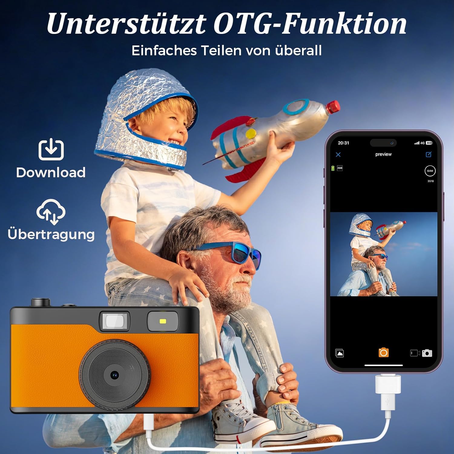 Thumbnail 3 de Retro-Digitalkamera ohne Bildschirm mit Blitz, 12-MP-Fotos und 32-GB microSD (Orange) inkl. OTG-Adapter – Retro-Digitalkamera-Ersatz
