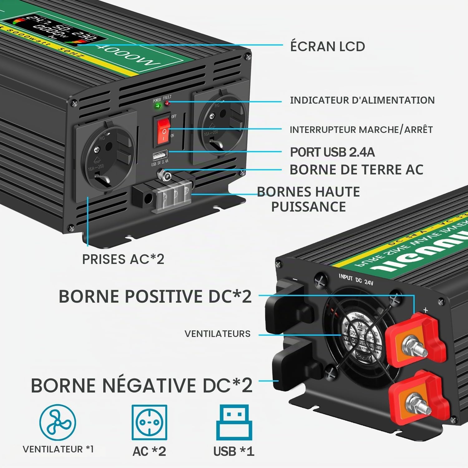 Thumbnail 6 de JIGUUN 4000W24V omvormer 24 V met zuivere sinus, 8000 W piekvermogen en lcd
