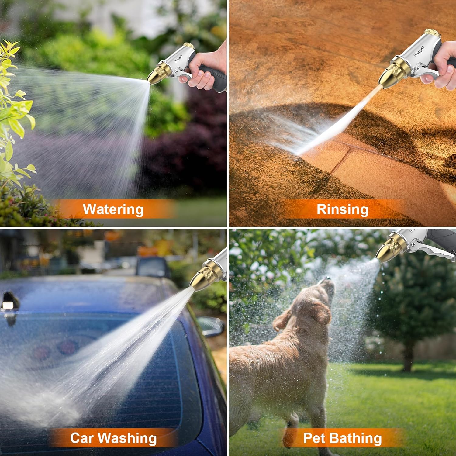 Thumbnail 6 de Ibergrif metal hose pipe spray gun with brass nozzle, 4 patterns and water flow control (grey)