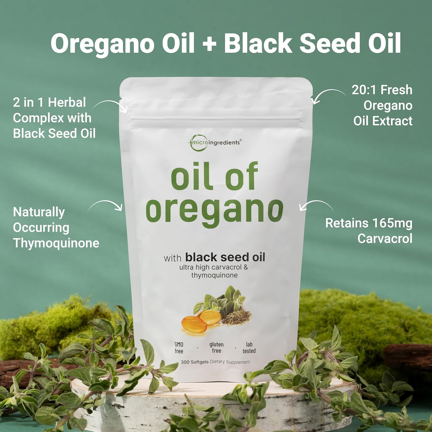 Detalle de Micro Ingredients Oregano Oil Softgels 300-count