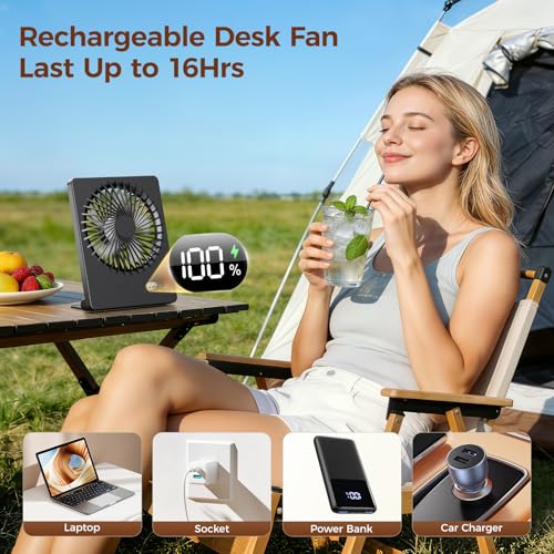 Detalle de TriPole Tischventilator Leise: USB-Akku-Ventilator mit 2000 mAh, 180° verstellbar, 3 Stufen, bis 16 Std., Schwarz