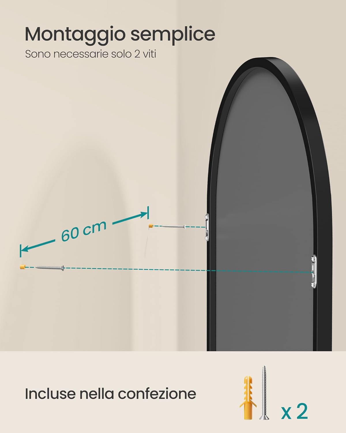 Thumbnail 5 de SONGMICS specchio da bagno a parete ad arco con cornice in alluminio LWM011BD01, 91 x 61 cm nero inchiostro