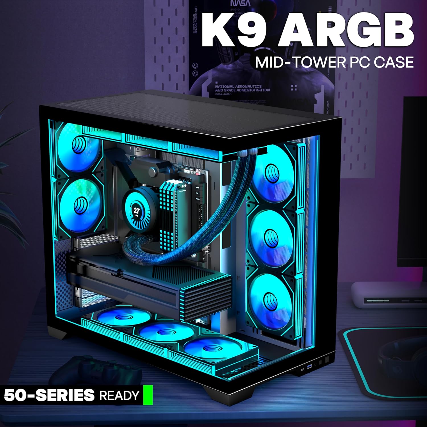 Thumbnail 1 de ANSAITE ATX PC-Gehäuse H9: Mid-Tower mit 9 ARGB PWM-Lüfter, 360 mm Radiator, Panorama-Glas