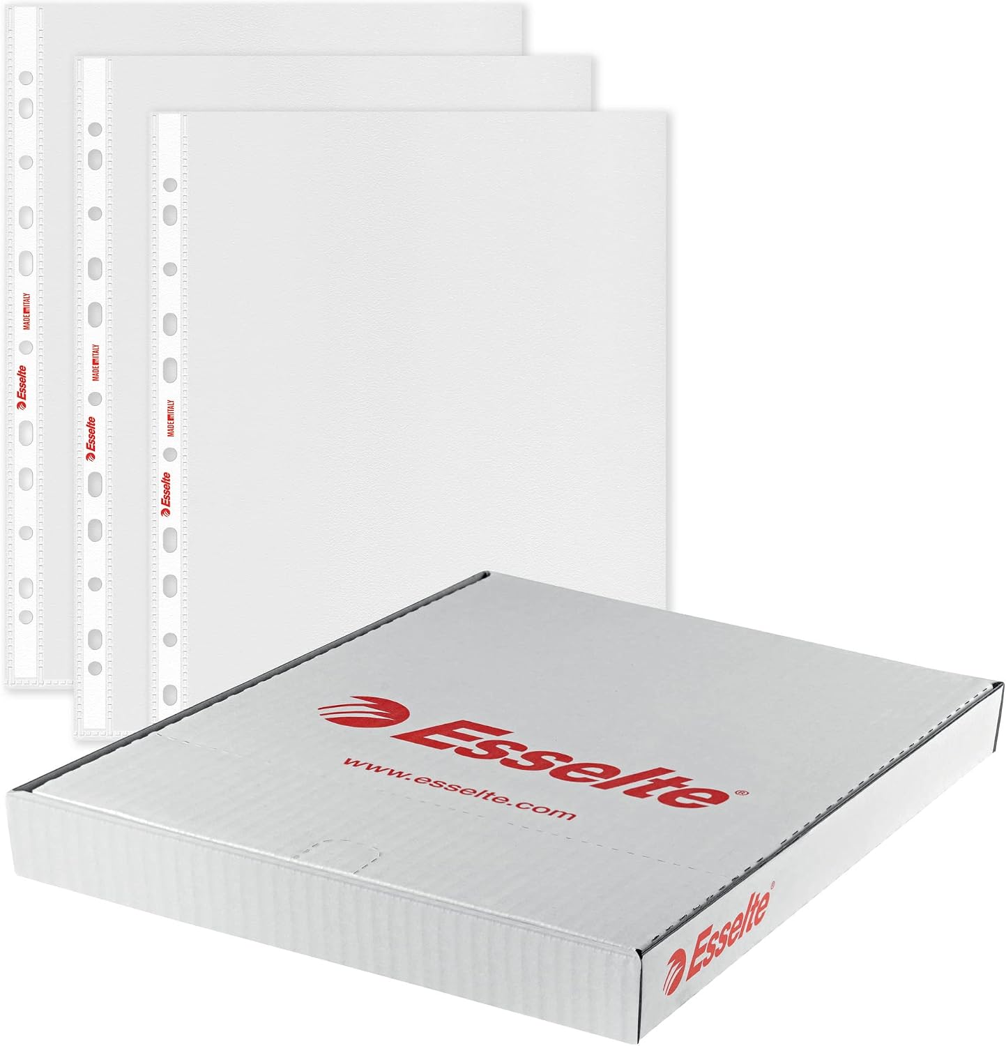 Detalle de Esselte 100 Buste per raccoglitori A4 con fori universali, antiriflesso, anti-copia – ideale per archiviazione sicura e pulita