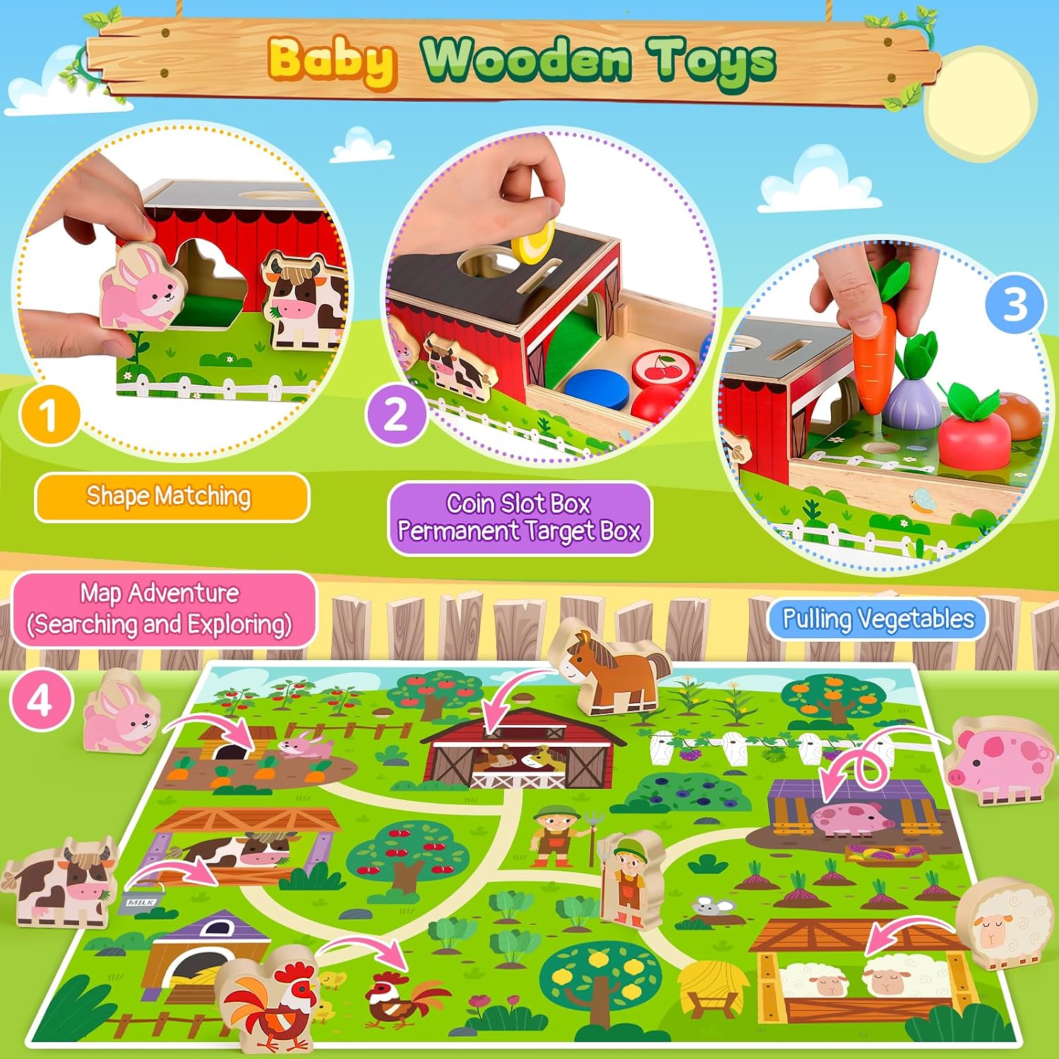 Thumbnail 3 de MuMua Montessori Wooden Toddler Farm Toys (1–3 Years) with Shape Sorting, Coin Balls & Sensory Play Mat