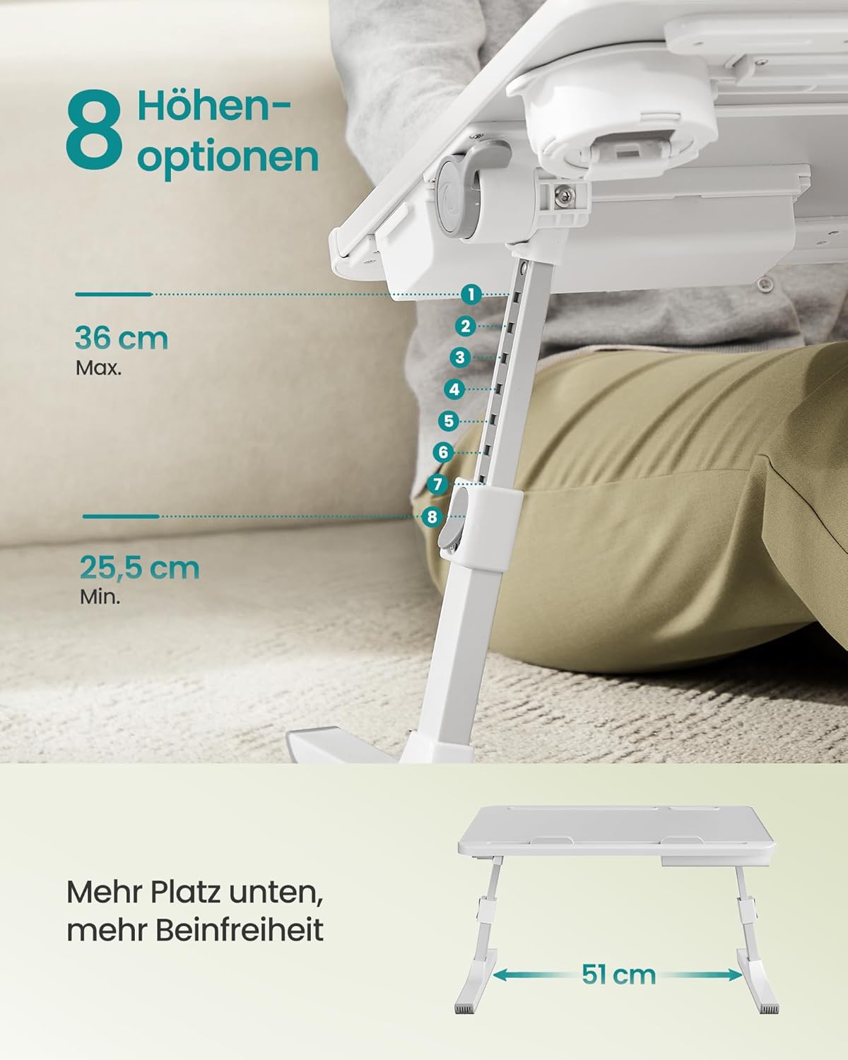 Thumbnail 5 de SONGMICS Laptoptisch LLD113GZ01 – Bett- und Laptoptisch, 56×40 cm, 120° verstellbar, höhenverstellbar, Getränkehalter, Schublade, grau