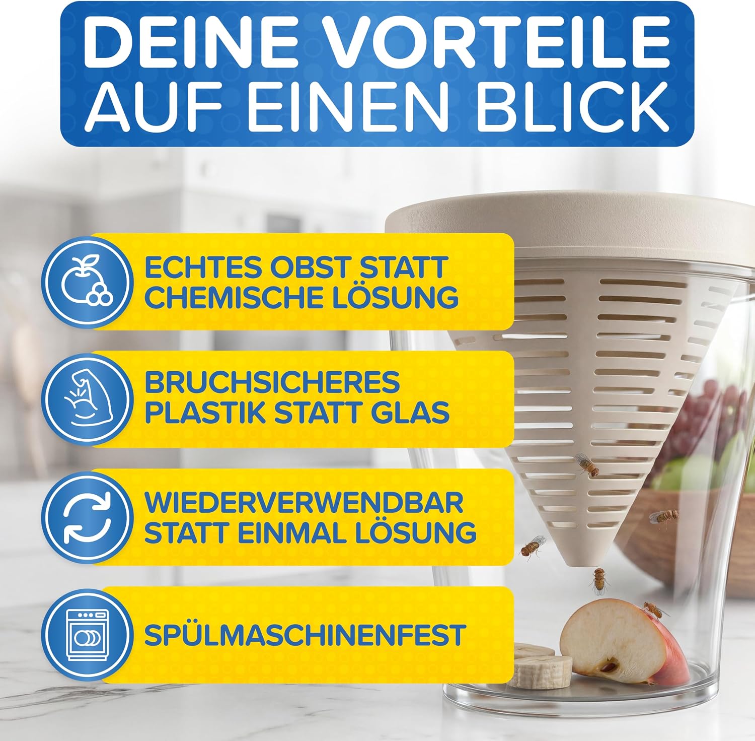 Detalle de Patronus Fruchtfliegenfalle für Küche – 2x robuste, wiederverwendbare Fruchtfliegen Lebendfalle (spülmaschinenfest)
