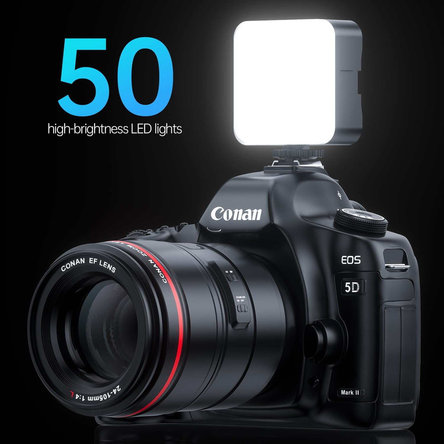 Detalle de DUIDESHI Cold Shoe Camera Light: 3200K–5600K CRI95, 3 Cold Shoe Mounts, USB-C Rechargeable
