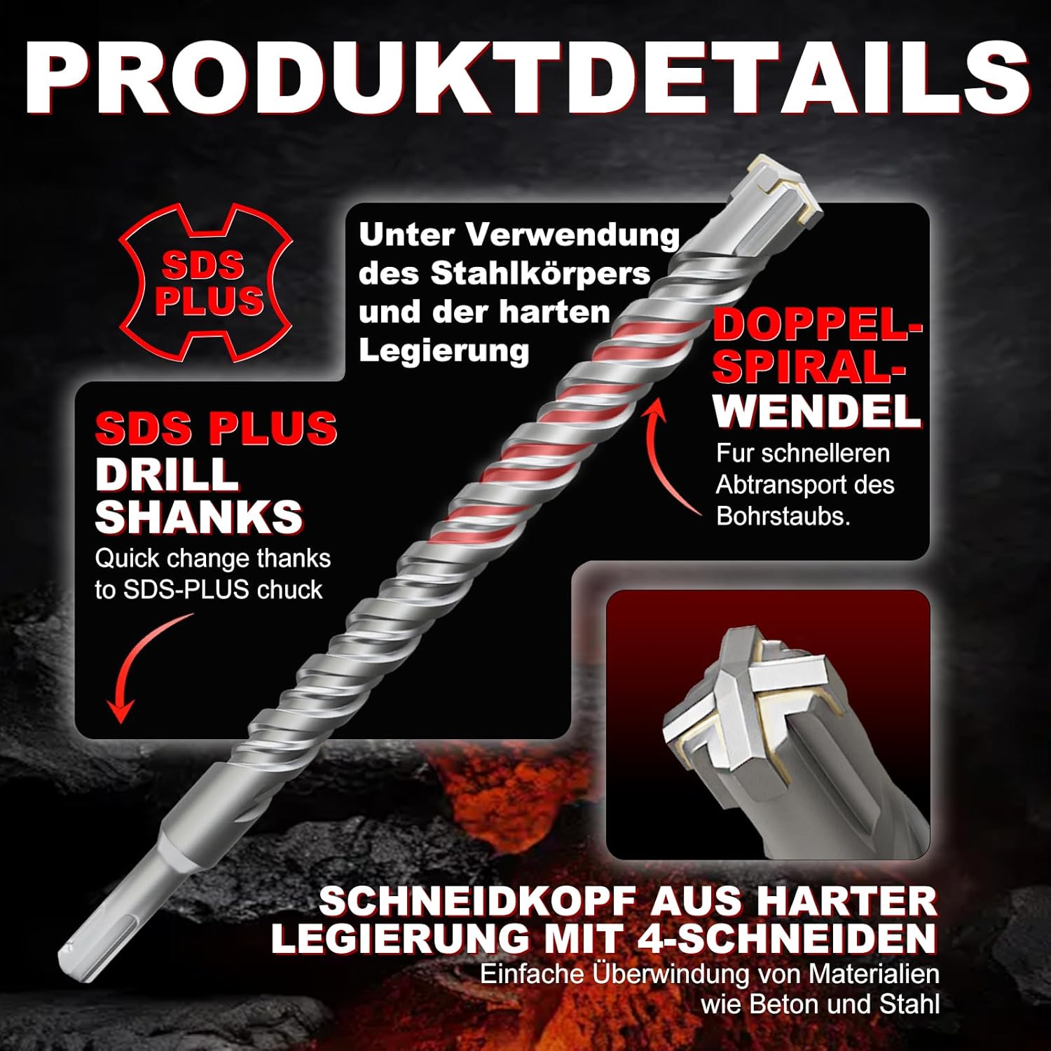 Thumbnail 3 de METOTY SDS-Plus Bohrer 35 mm × 350 mm mit 4 Hartmetallschneiden – Stein-, Beton- und Mauerwerksbohrer