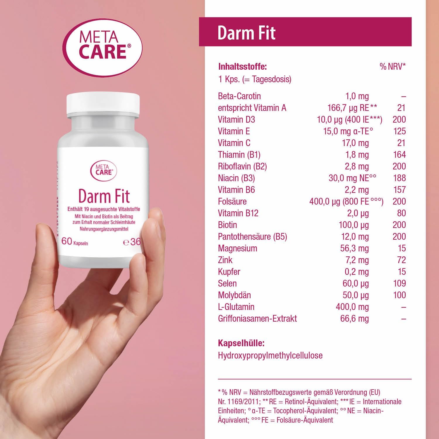 Thumbnail 2 de META CARE Darm Fit – 19 ausgewählte Vitalstoffe mit Niacin und Biotin, hochdosiert (60 Kapseln, vegetarisch)