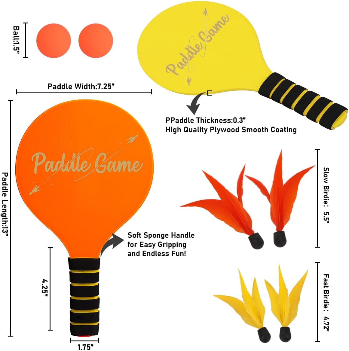 Thumbnail 3 de INPODAK Beach Bat and Ball Set – Kids Wooden Paddle Ball Racket Game (2 paddles, 4 birdies, 2 balls)