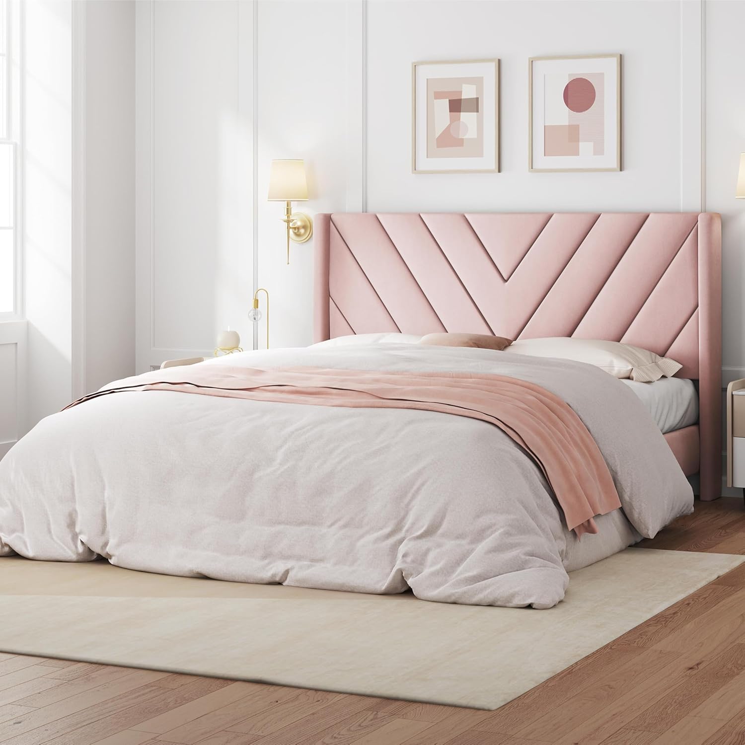 Detalle de Yaheetech YT-00142947 Queen Upholstered Platform Bed Frame, Pink Velvet