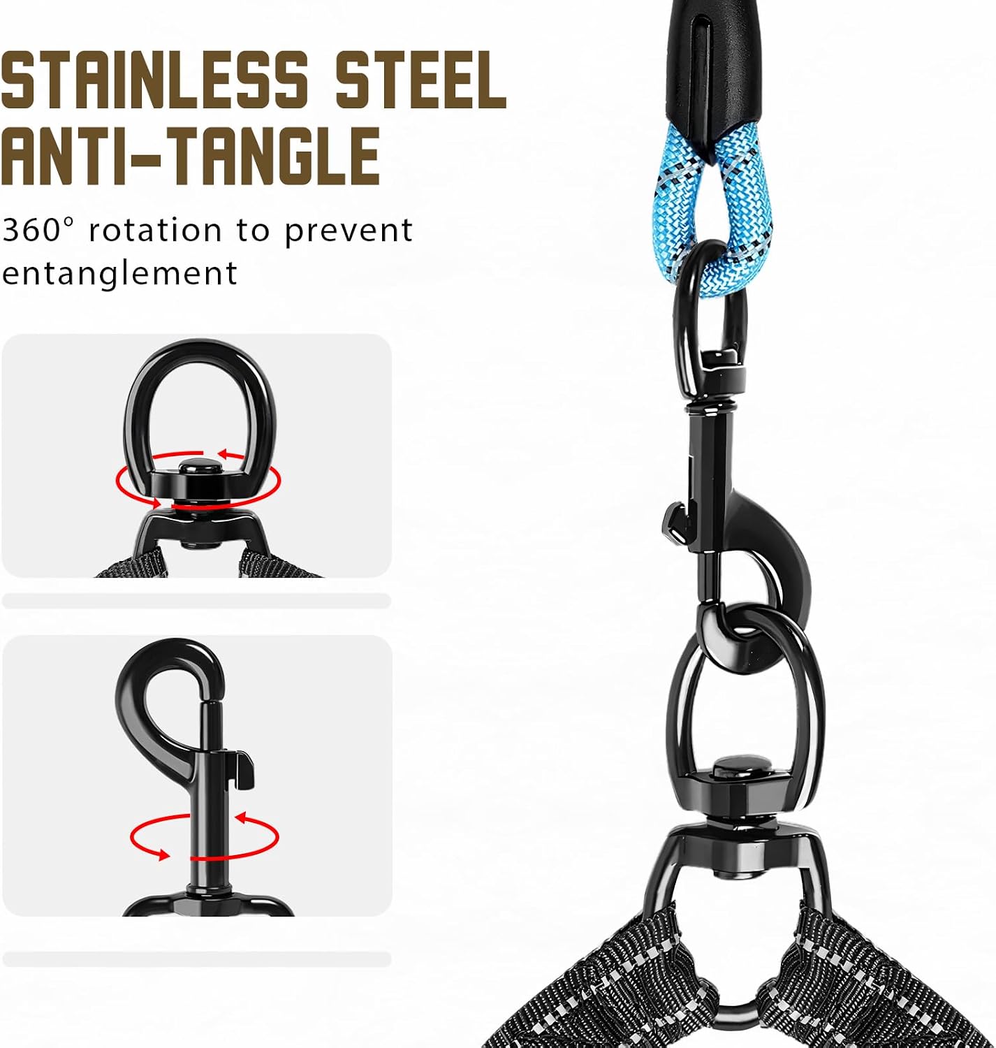 Detalle 2 de Blanlody Double Dog Lead (No Tangle) with Reflective Bungee, 360° Swivel, Padded Handles & Waste Bags