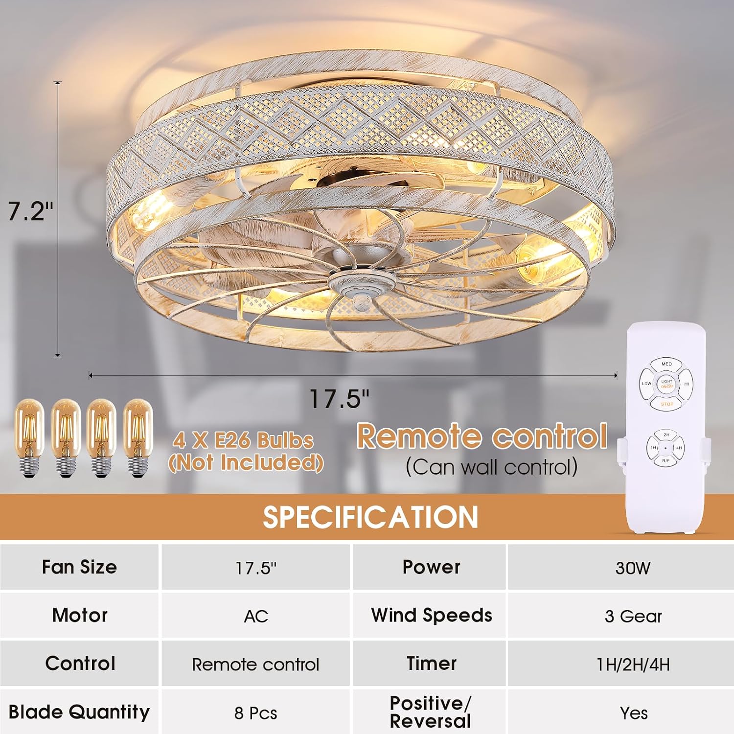 Detalle 2 de SHIHOT 18-inch Low-Profile Caged Ceiling Fan with Light and Remote