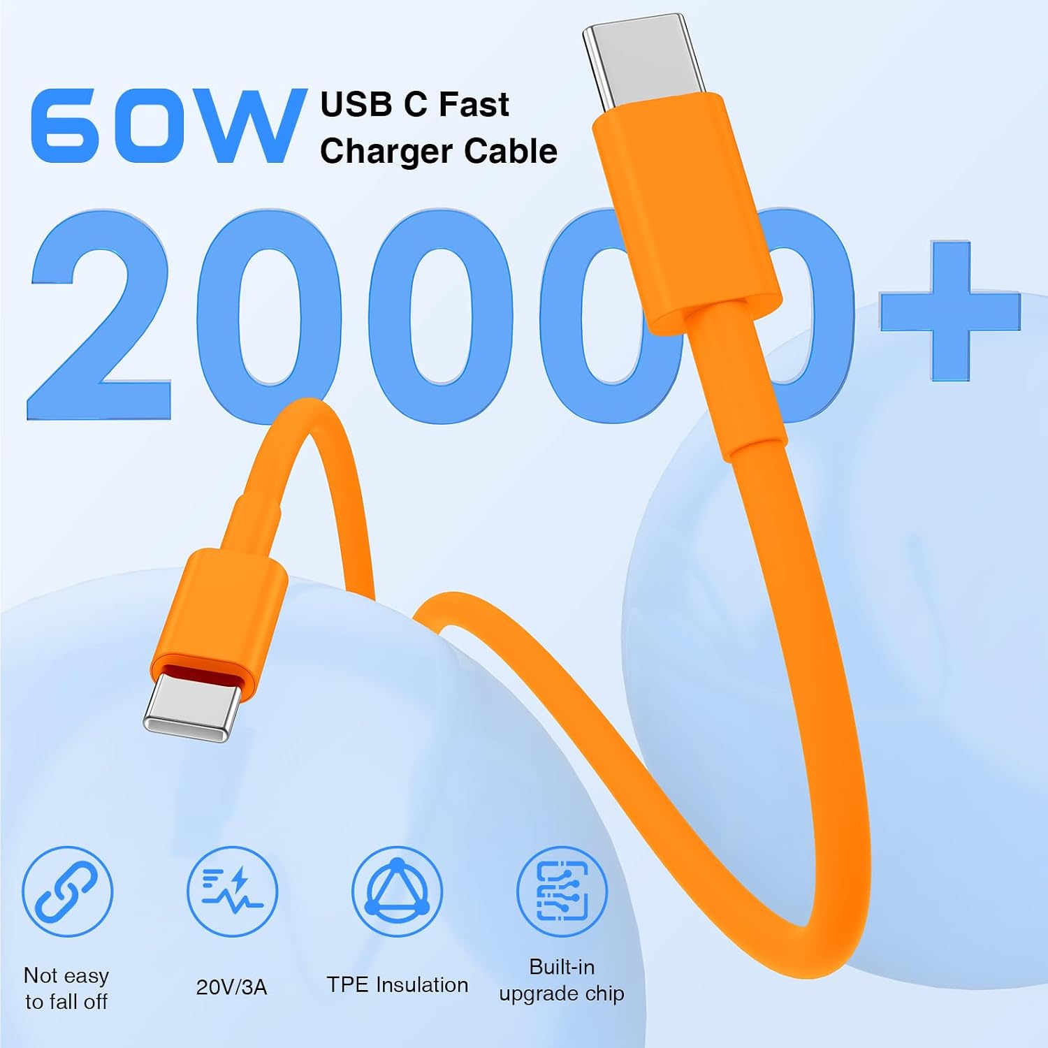 Detalle de QZIIW 60W USB-C Fast Charger Block with 3 Pack + Ultra-Long Cables: Practical, Travel-Ready Power