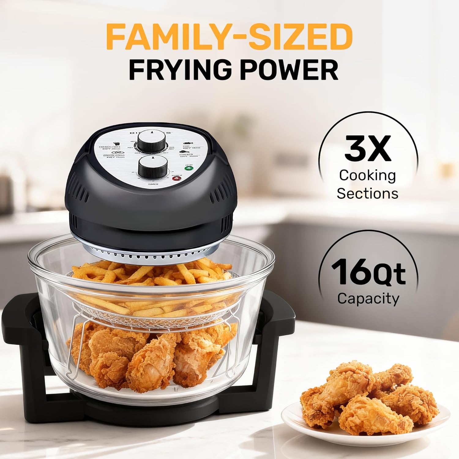 Thumbnail 3 de Granitestone 16Qt Large Glass Air Fryer: Family-Sized, Non-Toxic, 3-Section Cooker