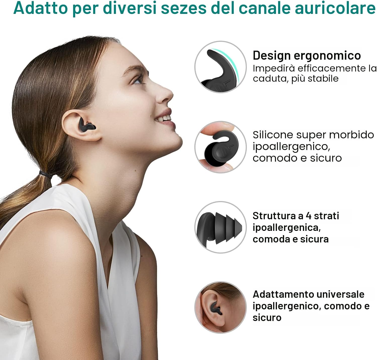 Detalle 2 de Tappi per Le Orecchie per Nuoto FNGXX – Kit 3 Paia Riutilizzabili in Silicone con Riduzione del Rumore e Custodie