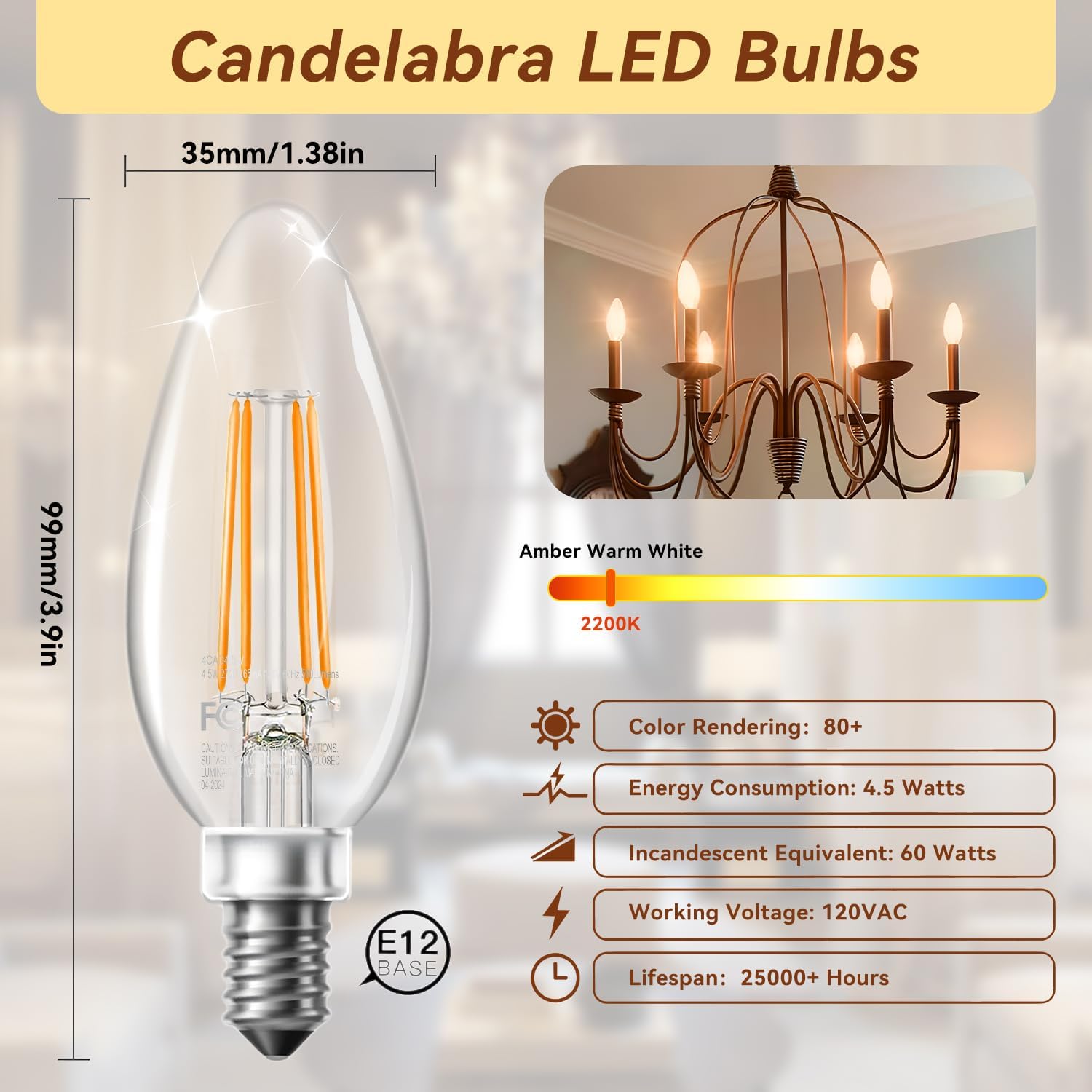 Thumbnail 1 de TJOY QDSD2212 E12 LED Candelabra Bulbs, Dimmable 2200K, 12-Pack