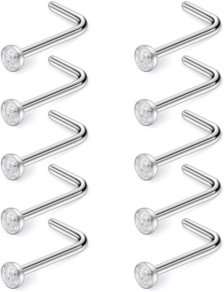 Thumbnail 6 de Briana Williams 316L surgical steel CZ nose stud set (16G–22G, 10 pcs)