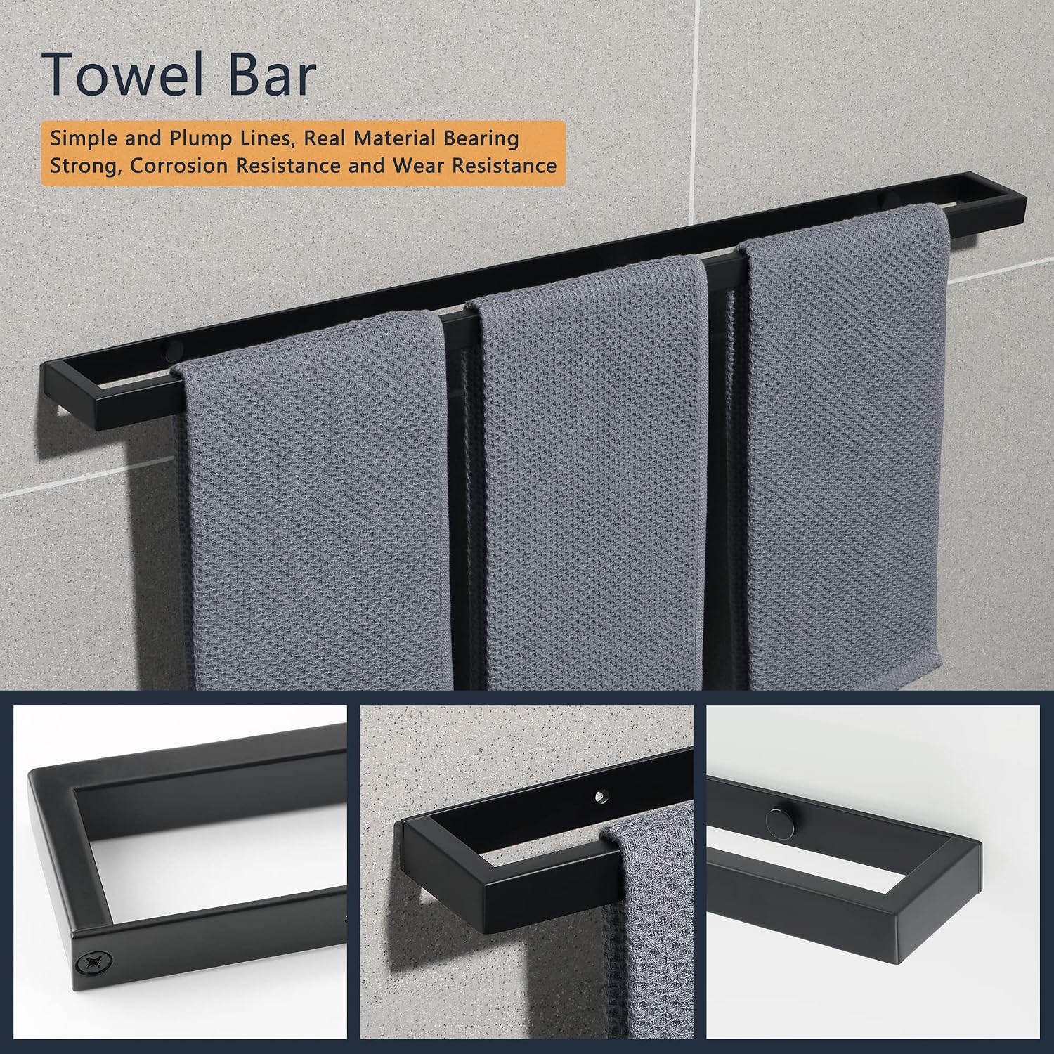Detalle 2 de Sayayo Black Towel Rail Wall Mounted 70cm – SUS304 Stainless Steel, Matte Black
