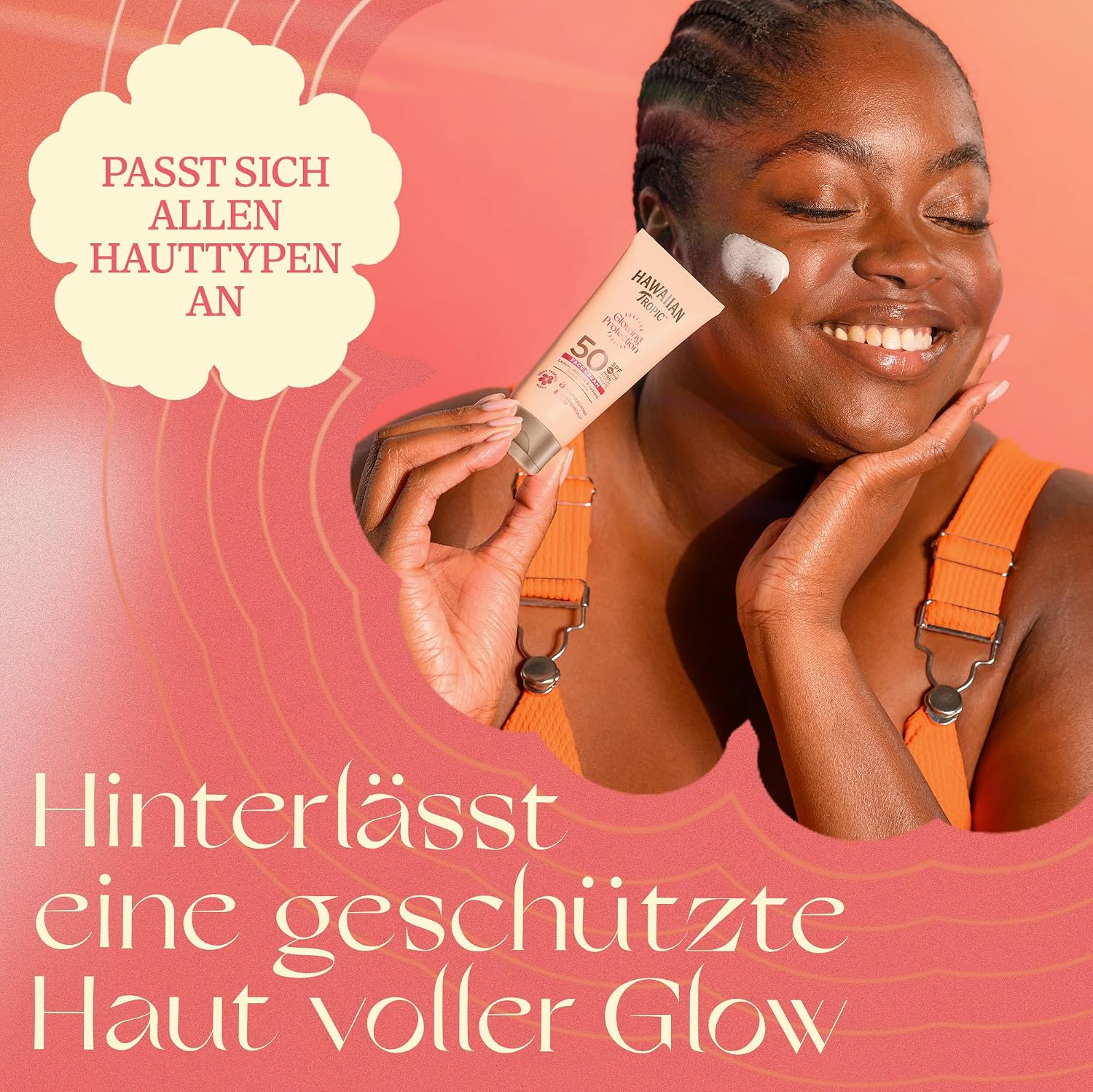 Detalle de Hawaiian Tropic Glowing Protection Gesichts-Sonnenlotion – LSF50, wasserfest, mit Sheabutter und tropischem Duft