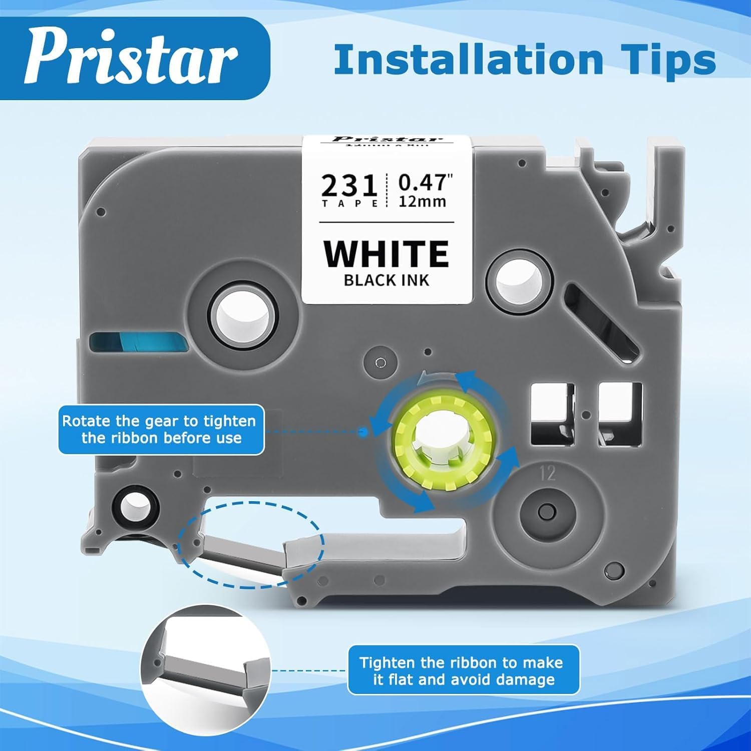 Detalle de Pristar 5x kompatibles TZe-231 Laminierte Schriftbänder 12 mm Schwarz auf Weiß – kompatibel mit Brother PT-H105/PT-H110/PT-D600VP u.a.